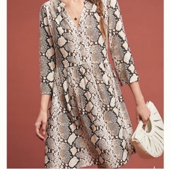 Maeve By Anthropologie Snake Print JunoGray and Black 3/4 Sleeve V-Neck Sundress - Picture 1 of 15